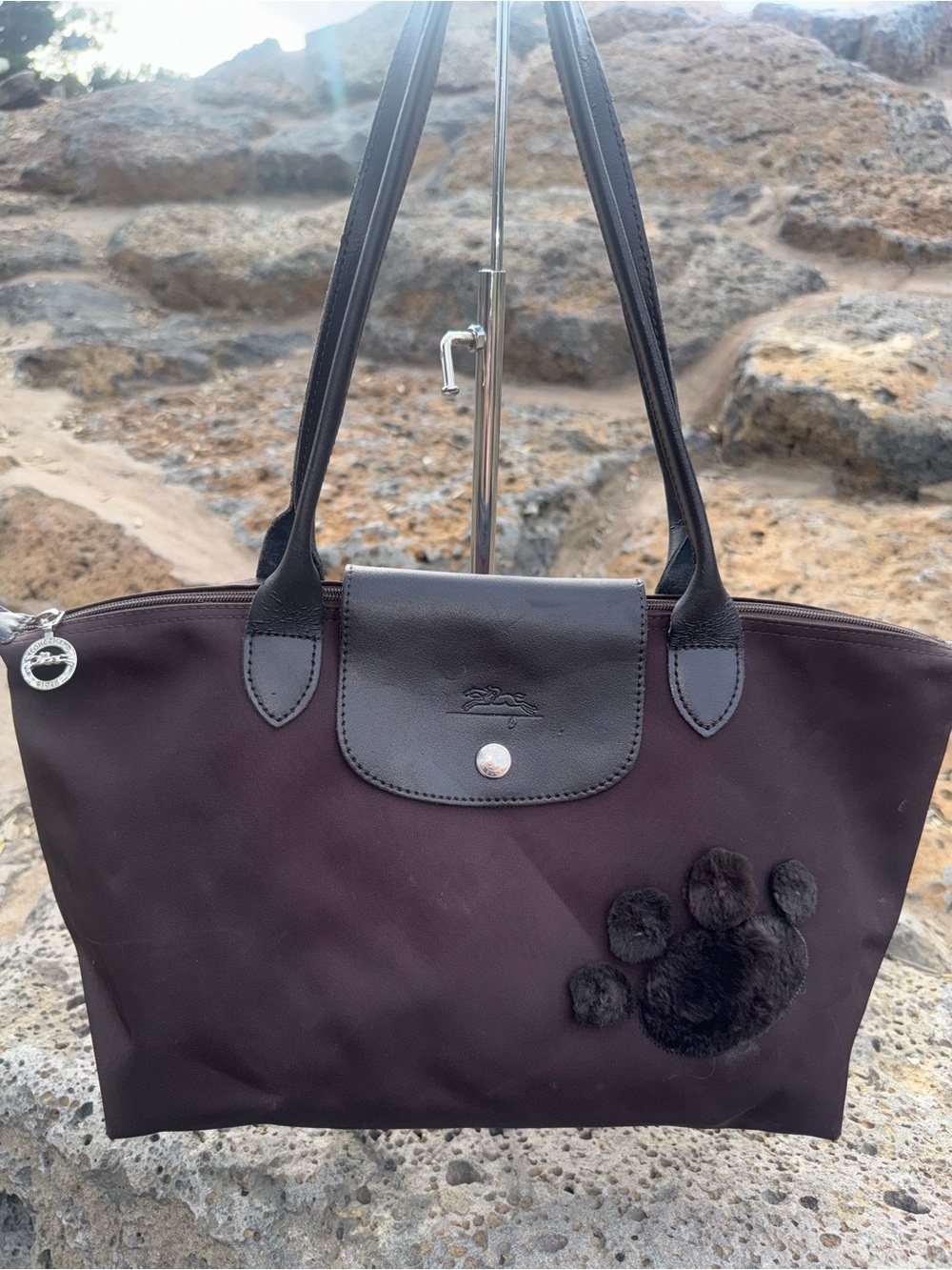 Longchamp RARE Brown Tote with Faux-Fur Paw EUC
